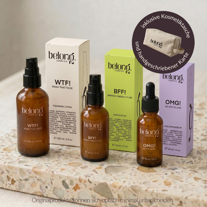 Geschenkset: Bundle WTF! + OMG! + BFF! + BRB!: Cleanser | Serum | Gesichtsfluid | Kosmetiktasche