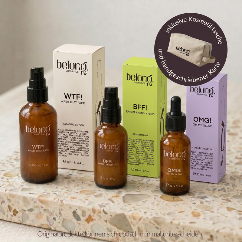 Geschenkset Bundle belong. cosmetics Cleanser Serum Creme Kosmetiktasche Flaschen und Faltschachteln