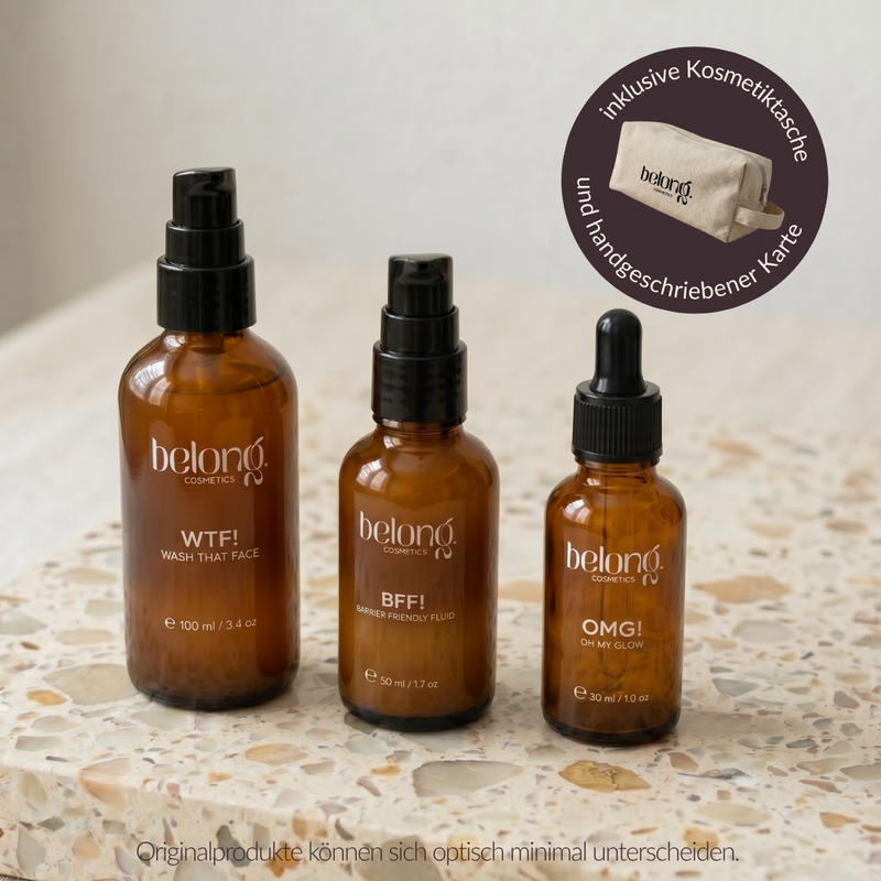 Geschenkset Bundle belong. cosmetics Routine Set Cleanser Serum Creme Kosmetiktasche Flaschen
