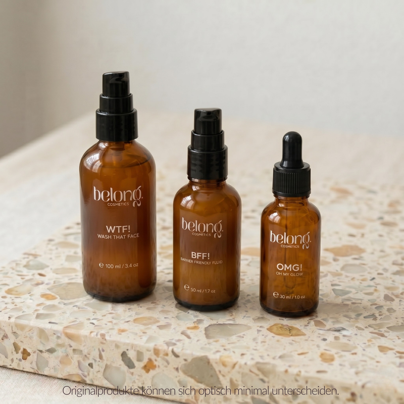 belong. cosmetics Routine Bundle Braunglasflaschen mit Pumpspender oder Glaspipette OMG! WTF! BFF!