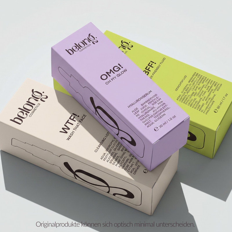 belong. cosmetics Faltschachteln von OMG! Hyaluronserum BFF! Gesichtsfluid und WTF! Facial Cleanser