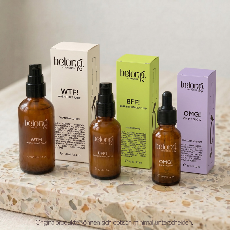 belong. cosmetics Routine Bundle Braunglasflaschen mit Pumpspender oder Glaspipette und Faltschachteln OMG! WTF! BFF!