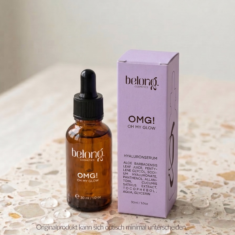 OMG! Hyaluronserum von belong. cosmetics, 30-ml-Glasflasche mit Pipette und Faltschachtel